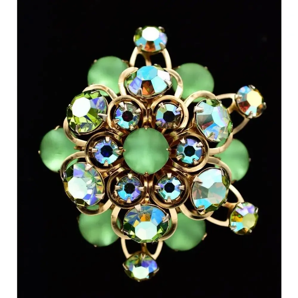 Vintage Austrian Crystal Pin Brooch Frosted Cabochon AB Starburst AS IS BinJ